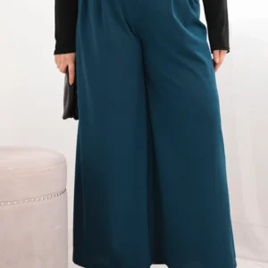 Moteriškos Plus Size kelnės su plačia kojų dalimi ir diržu melsvos