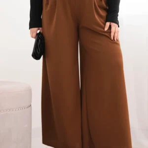 Moteriškos Plus Size kelnės su plačia klešnė ir diržu šokoladinės