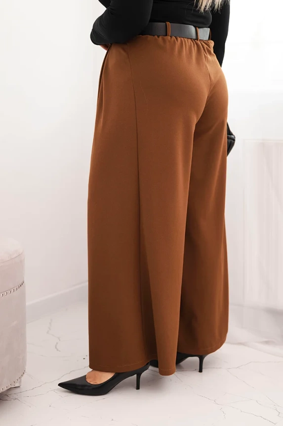 35998_4 Moteriškos Plus Size kelnės su plačia klešnė ir diržu šokoladinės - Image 3