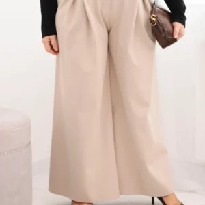 Moteriškos Plus Size kelnės su plačiomis kojomis ir klostėmis bežinės