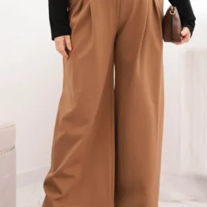 Moteriškos Plus Size kelnės su plačiomis klešnėmis ir raukiniais camelinės