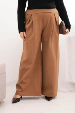 Moteriškos Plus Size kelnės su plačiomis klešnėmis ir raukiniais camelinės