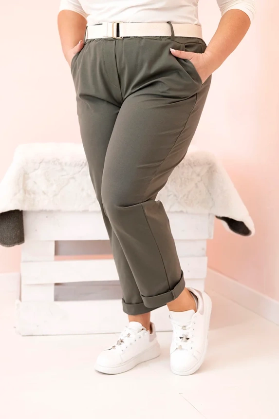 36052_2 Moteriškos kelnės Punto Milano Winter Plus Size su diržu khaki - Image 2