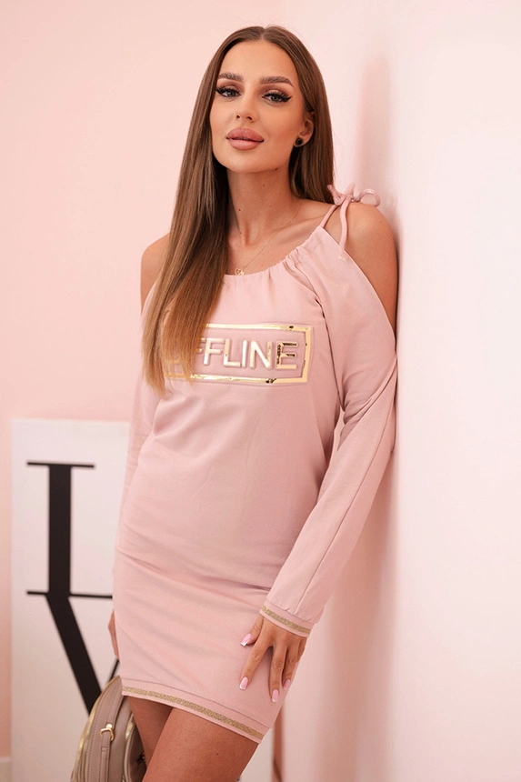 36267_1 Moteriška medvilninė suknelė su atidengtomis pečiais ir užrašu OFFLINE tamsus