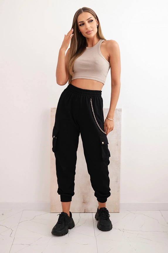 36271_1 Moteriškos medvilninės cargo kelnės su kišenėmis ir grandinėle - Image 3