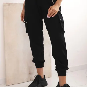 Moteriškos medvilninės cargo kelnės su kišenėmis ir grandinėle