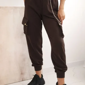 Moteriškos medvilninės cargo kelnės su kišenėmis ir grandinėle