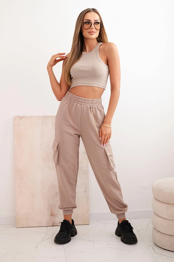 36273_1 Moteriškos medvilninės cargo kelnės su kišenėmis ir grandinėle bežinės - Image 3