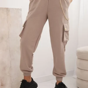 Moteriškos medvilninės cargo kelnės su kišenėmis ir grandinėle bežinės