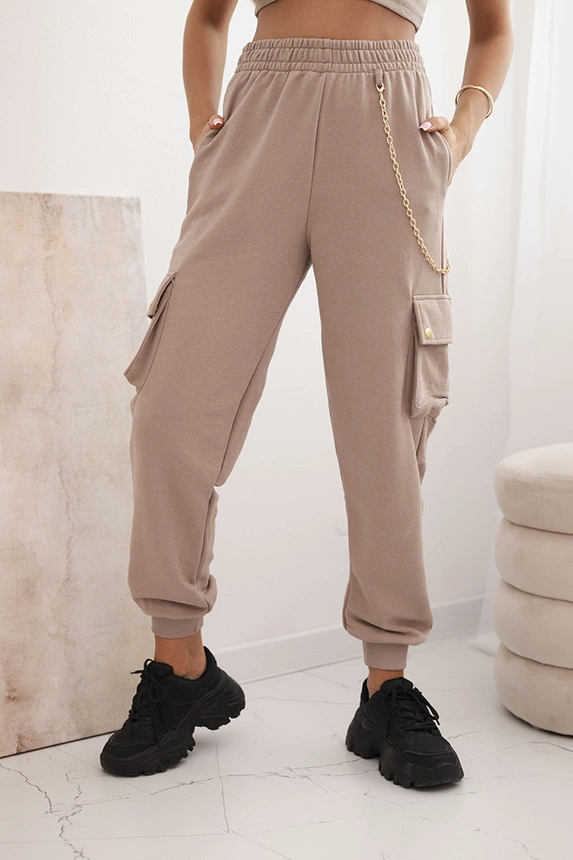 36273_3 Moteriškos medvilninės cargo kelnės su kišenėmis ir grandinėle bežinės