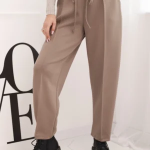 Elegantiškos moteriškos kelnes su aukštu liemeniu ir raišteliu fango