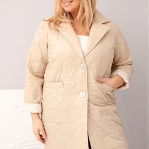 Moteriška Plus Size pamušalu striukė su dekoratyvinėmis sagomis ir apykakle tamsiai bežinė