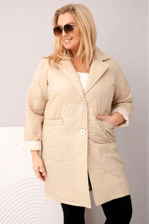 Moteriška Plus Size pamušalu striukė su dekoratyvinėmis sagomis ir apykakle tamsiai bežinė