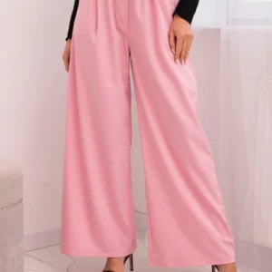 Moteriškos elegantiškos kelnės su plačiais klešniais ir dekoratyvine gėle cukrinis