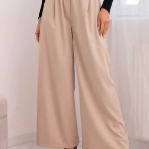 Moteriškos elegantiškos kelnės su plačiais šonais ir dekoratyvine gėle bežinės