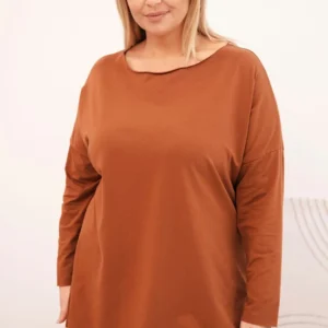 Moteriška Plus Size asimetrinė palaidinė su ilgomis rankovėmis tamsiai kamelinė