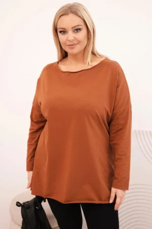 Moteriška Plus Size asimetrinė palaidinė su ilgomis rankovėmis tamsiai kamelinė