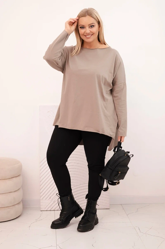 36758_1 Moteriška medvilninė bluzka Plus Size asimetriška su ilgu rankovėmis fango - Image 2