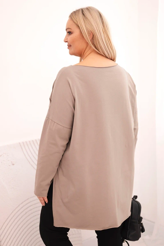 36758_2 Moteriška medvilninė bluzka Plus Size asimetriška su ilgu rankovėmis fango - Image 3