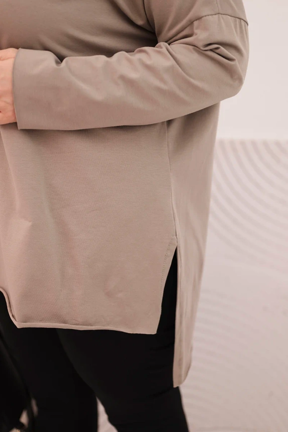 36758_3 Moteriška medvilninė bluzka Plus Size asimetriška su ilgu rankovėmis fango - Image 4