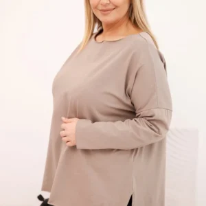 Moteriška medvilninė bluzka Plus Size asimetriška su ilgu rankovėmis fango