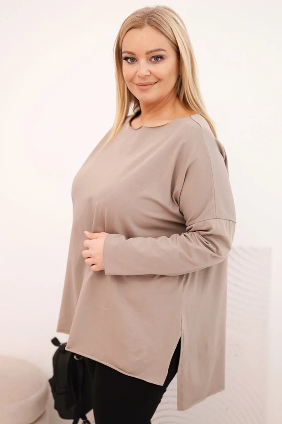 36758_4 Moteriška medvilninė bluzka Plus Size asimetriška su ilgu rankovėmis fango