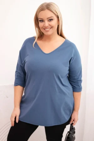 Moteriška medvilninė bluzonė Plus Size su V formos iškirpte ir pasukamais rankovėmis