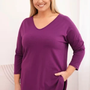 Moteriška medvilninė bluzonė Plus Size su V formos iškirpte ir suktiniais rankovėmis tamsiai