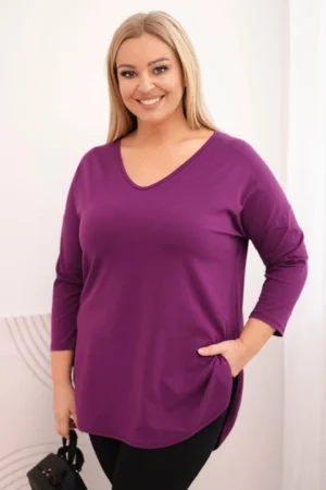Moteriška medvilninė bluzonė Plus Size su V formos iškirpte ir suktiniais rankovėmis tamsiai