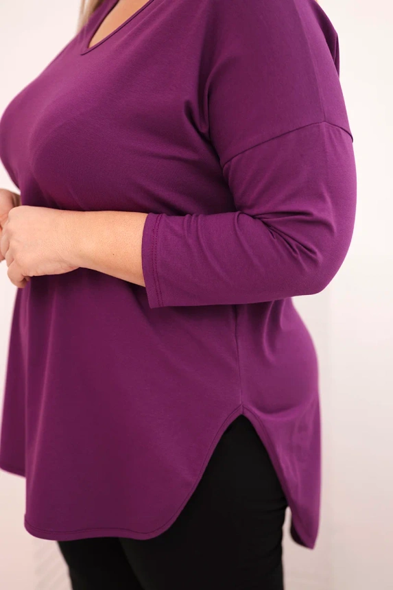 36763_3 Moteriška medvilninė bluzonė Plus Size su V formos iškirpte ir suktiniais rankovėmis tamsiai - Image 3