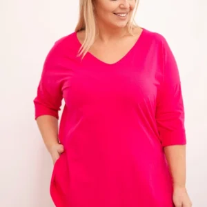 Moteriška medvilninė bliuskelė Plus Size su V formos iškirpte ir pasukta rankove