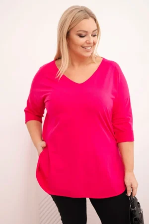 Moteriška medvilninė bliuskelė Plus Size su V formos iškirpte ir pasukta rankove