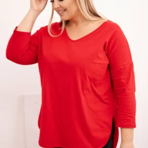 Moteriška medvilninė Plus Size marškiniai su V formos iškirpte ir suktiniais rankovėmis