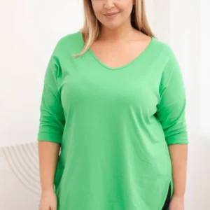 Moteriška medvilninė bluzonė Plus Size su V formos dekolte ir suktiniais rankovėmis šviesiai