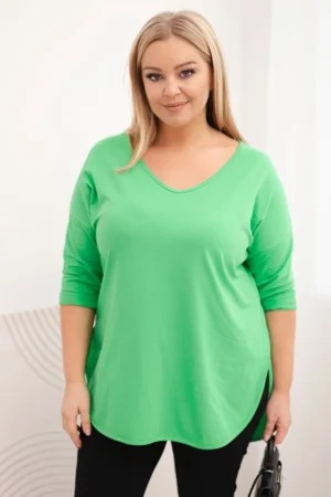Moteriška medvilninė bluzonė Plus Size su V formos dekolte ir suktiniais rankovėmis šviesiai