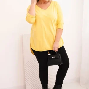 Moteriška medvilninė bluzonė Plus Size su V formos iškirpte ir suktiniais rankovėmis