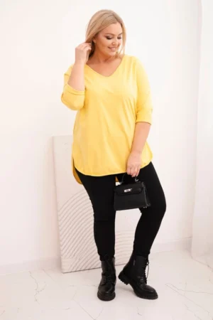 Moteriška medvilninė bluzonė Plus Size su V formos iškirpte ir suktiniais rankovėmis