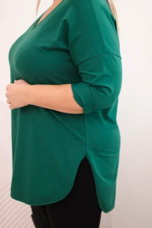 Moterska medvilninė bluzonė Plus Size su V formos iškirpte ir pasukama rankove tamsiai