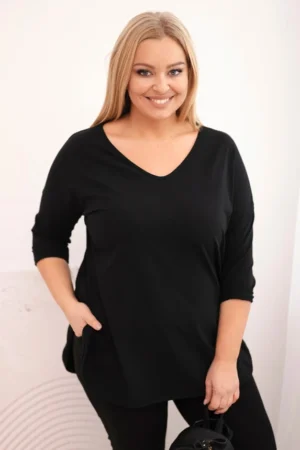Moteriška medvilninė Plus Size bluzonė su V formos iškirpte ir pasukamomis rankovėmis