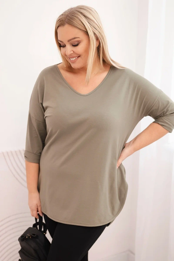 36776_2 Moteriška medvilninė palaidinė Plus Size su V formos iškirpte ir pasukamomis rankovėmis khaki - Image 2