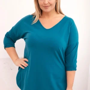 Moteriška medvilninė bluzonė Plus Size su V formos iškirpte ir sukamu rankovėmis jūros
