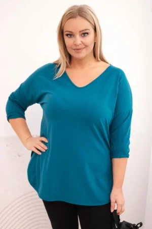 Moteriška medvilninė bluzonė Plus Size su V formos iškirpte ir sukamu rankovėmis jūros