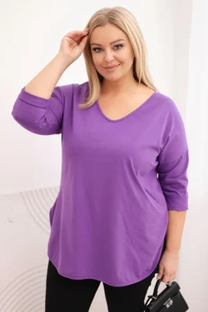 Moteriška medvilninė bluzonė Plus Size su V formos iškirpte ir suktą rankovė fioletinė
