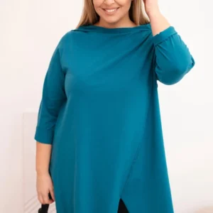Moteriška medvilninė Plus Size asimetrinė bluzka su pasuktais rankovėmis jūros