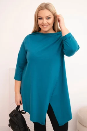 Moteriška medvilninė Plus Size asimetrinė bluzka su pasuktais rankovėmis jūros