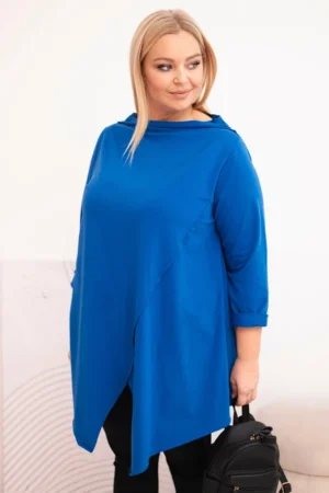 Moteriška medvilninė bliuskutė Plus Size asimetriška su sukamu rankoviu chabrinė