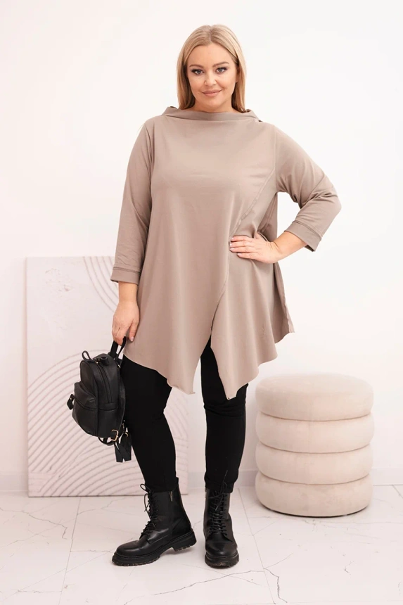 36793_1 Moteriška medvilninė bluzka Plus Size asimetrinė su sukamu rankovėmis fango - Image 2