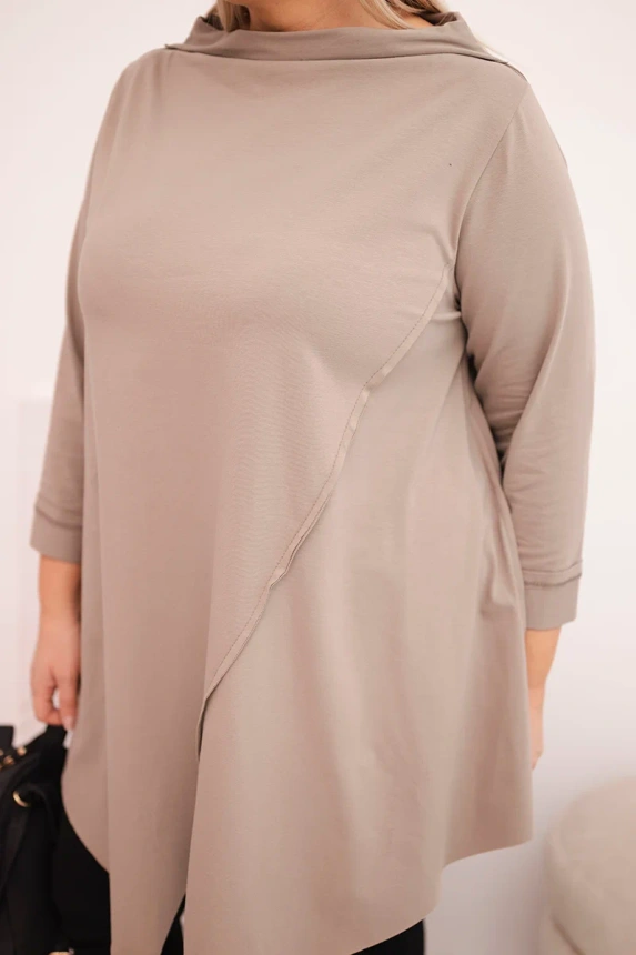 36793_3 Moteriška medvilninė bluzka Plus Size asimetrinė su sukamu rankovėmis fango - Image 4