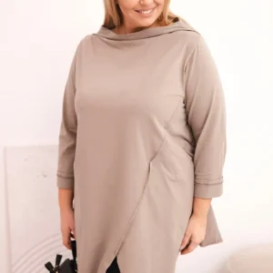 Moteriška medvilninė bluzka Plus Size asimetrinė su sukamu rankovėmis fango