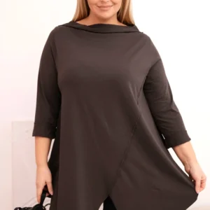 Moteriška medvilninė bluzka Plus Size asimetriška su sukamu rankoviu
